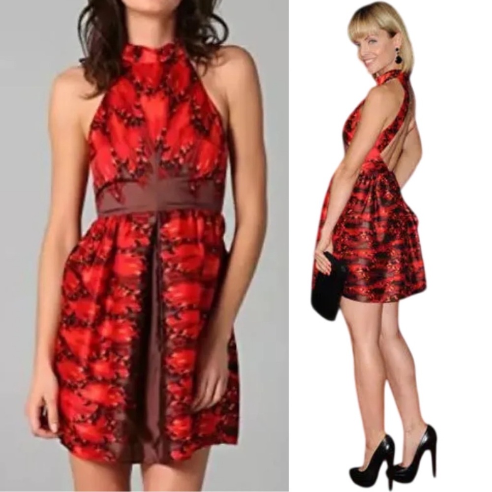TIBI Silk Open Back Mini Evening Formal Dress sz 6 Sleeveless Red Brown